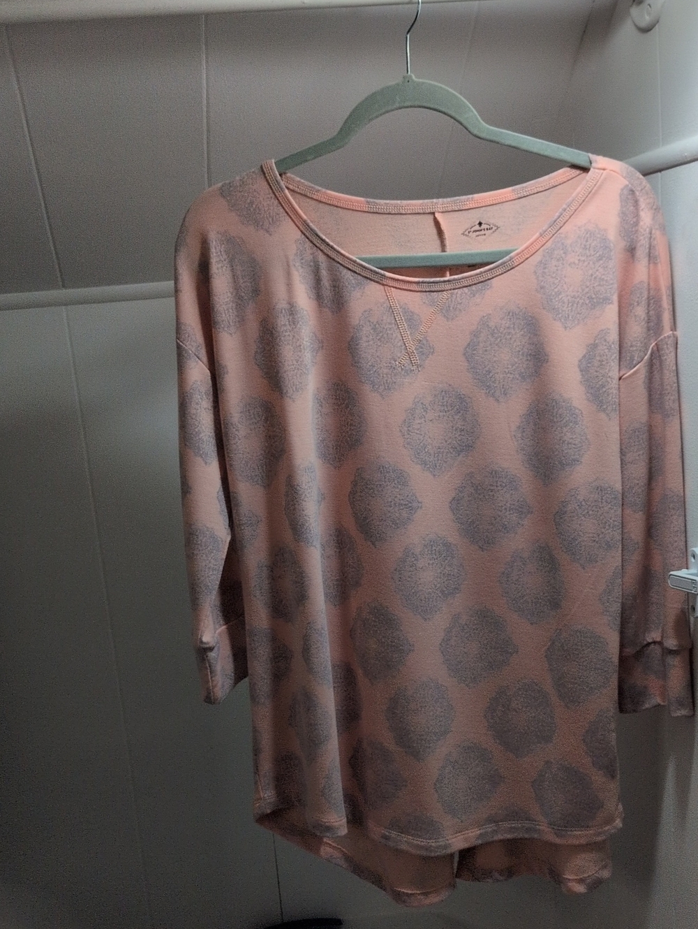 St. John's Bay Pink Long Sleeve Scoop Neck Top with Gray Medallion Pattern